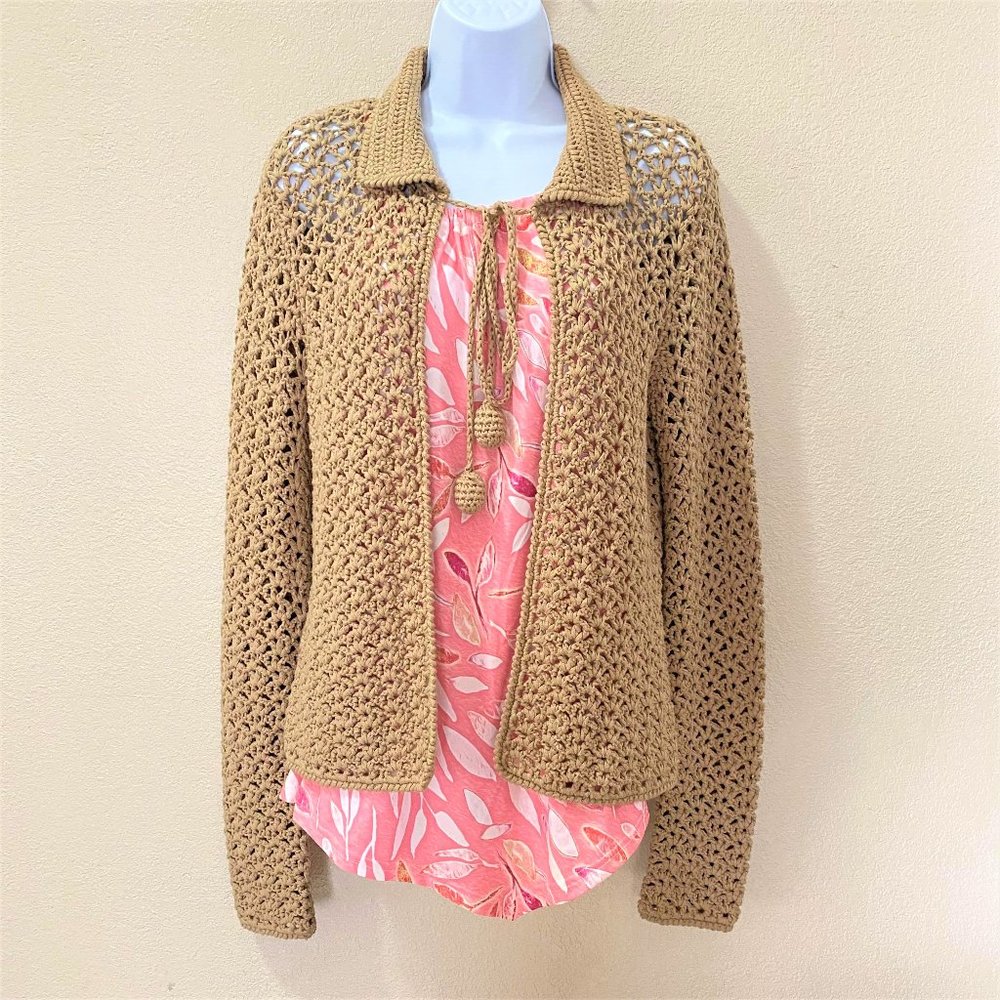 POW WOW Women's Crocheted Front  Pom-Pom Tie Cardigan Sweater, Tan Size S